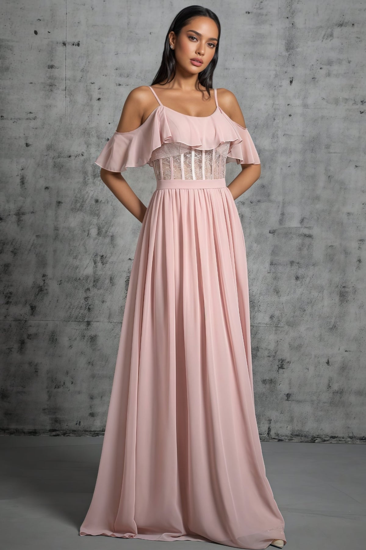 Chiffon Cold Shoulder Ruffle Lace Corset Waist Maxi Dress 3
