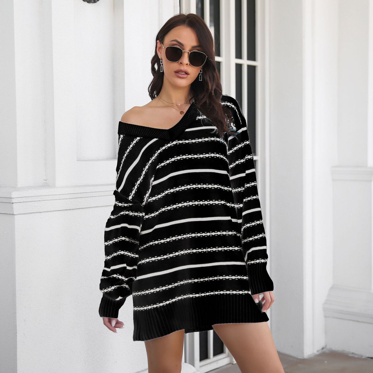 Striped Knit V-Neck Drop Shoulder Long Sleeve Oversized Sweater Dress 7
