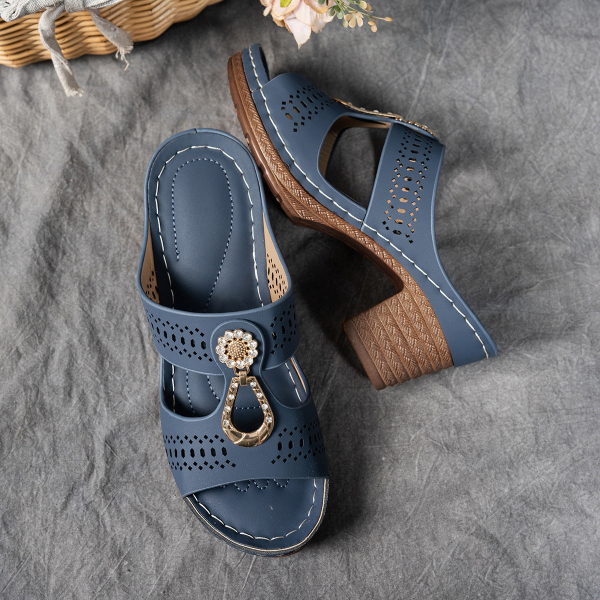 Open Toe Cut Out Embellished Block Heel Platform Slides