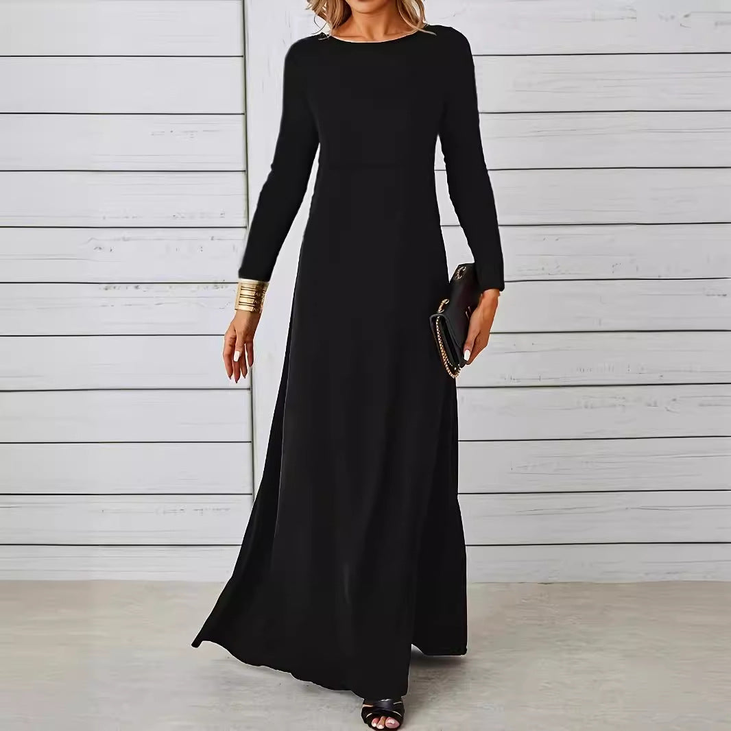 Round Neck Long Sleeve High Waist A-Line Maxi Dress
