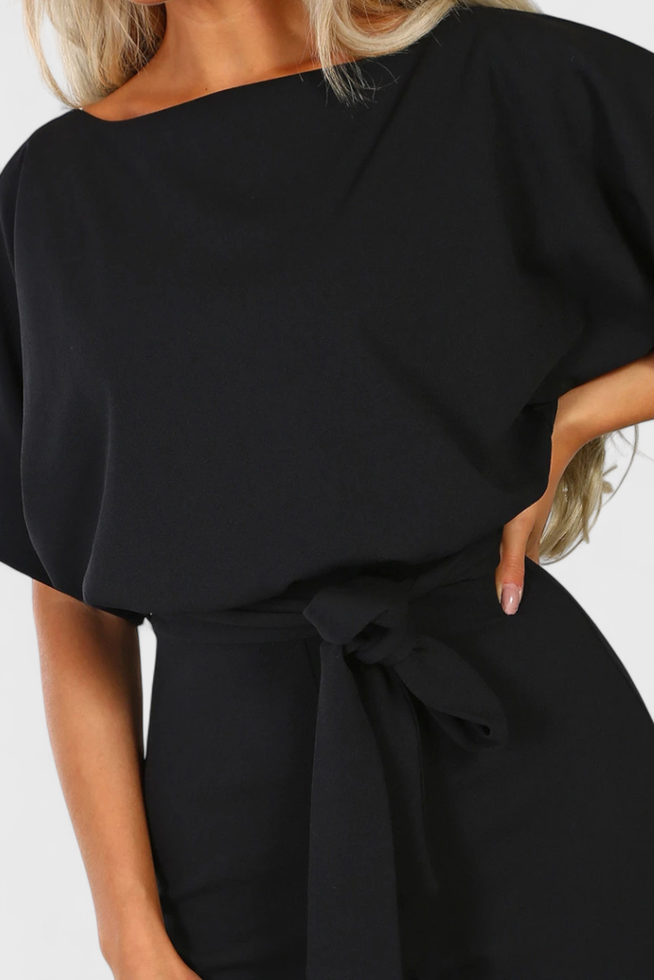 Boat Neck Batwing Sleeve Belted Wide Leg Jumpsuit