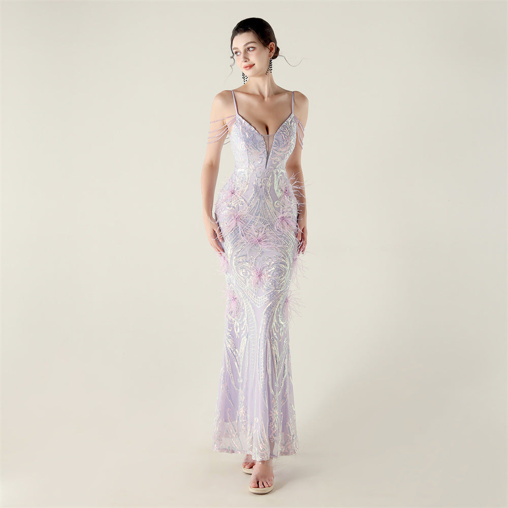 Positioning Floral Sequin Feather Decoration Craft Beaded Multi Color Fishtail Evening Dress - FashionAxe