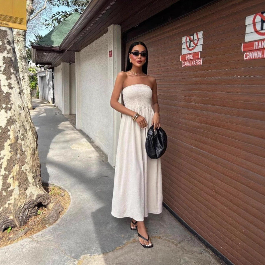 Women Clothing Summer Sexy Wrapped Chest Nipped Waist Solid Color Maxi Dress