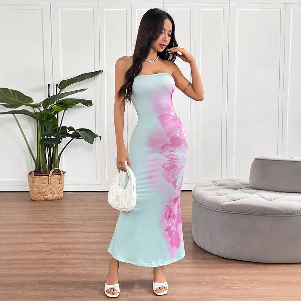 Women Clothing Summer Sexy Bandeau Slim Fit Printing Color Contrast Backless Sheath Dress