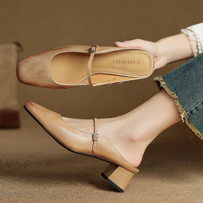 Square Toe Mary Jane Buckle Strap Block Heel Mules