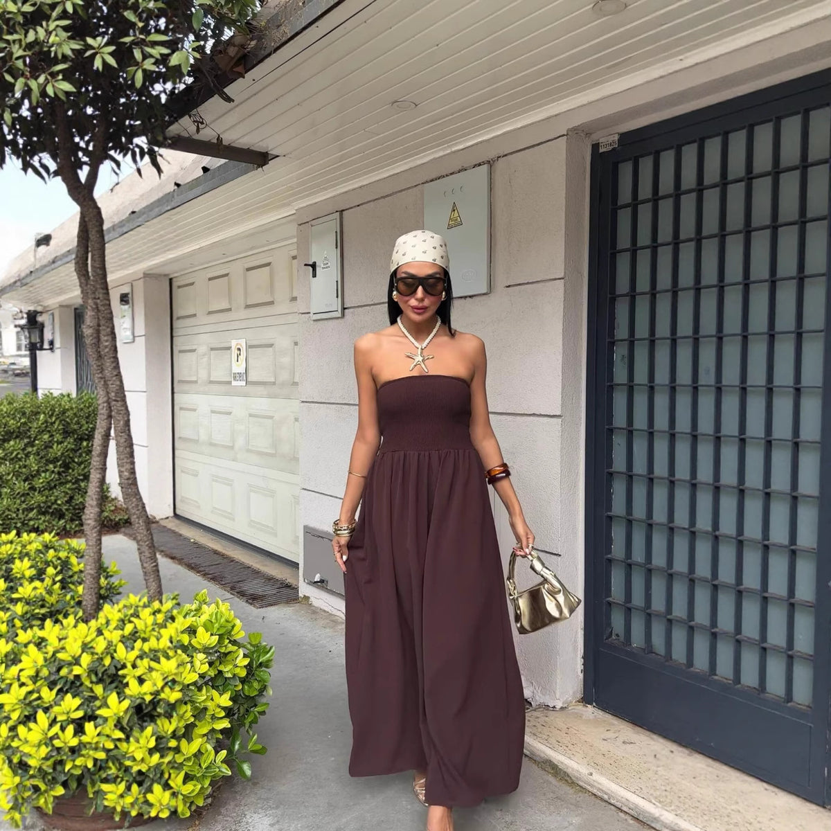Women Clothing Summer Sexy Wrapped Chest Nipped Waist Solid Color Maxi Dress