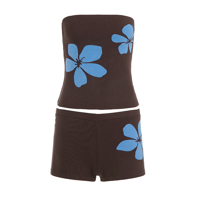 Floral Knit Strapless Tube Top and High Waist Shorts Two Piece Set 4