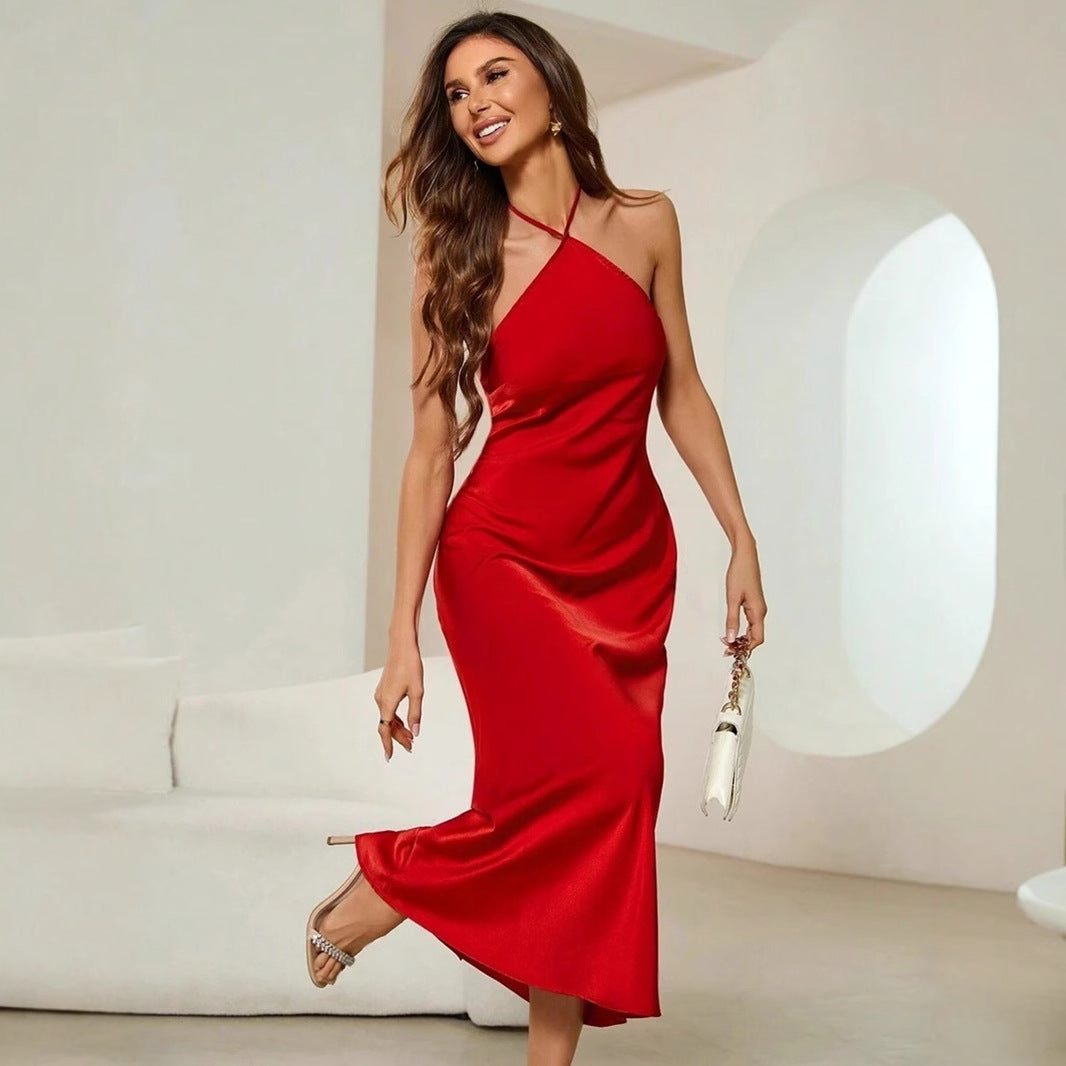 Satin Halter Neck Sleeveless Backless Mermaid Hem Midi Dress