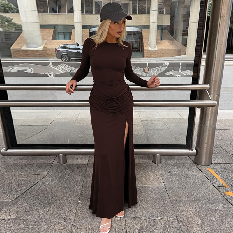 Women Dress Autumn Fashionable Solid Color round Collar Long Sleeved Pleated Slit Dress