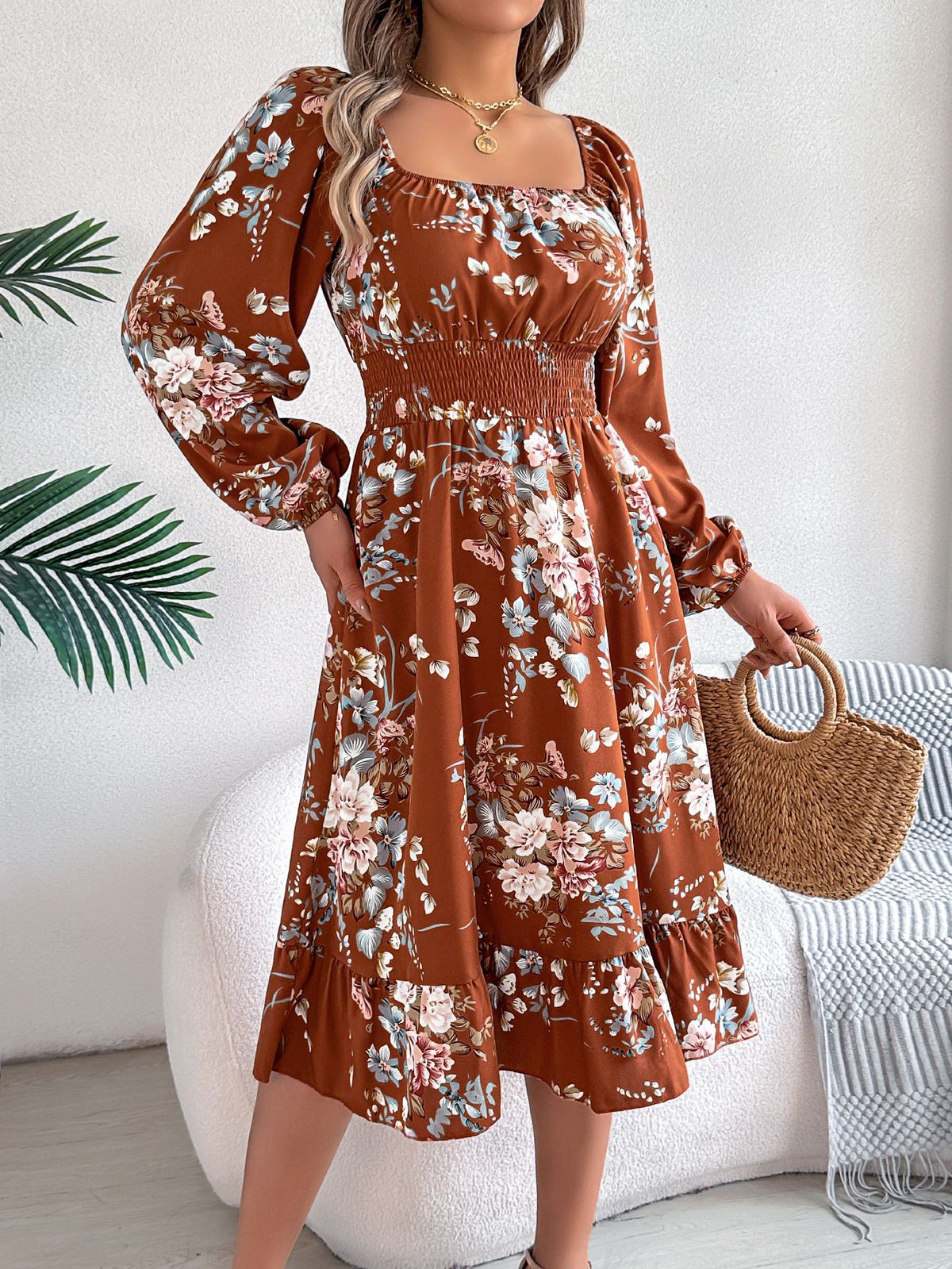 Floral Print Square Neck Long Sleeve Smocked Waist Ruffle Hem Midi Dress 2