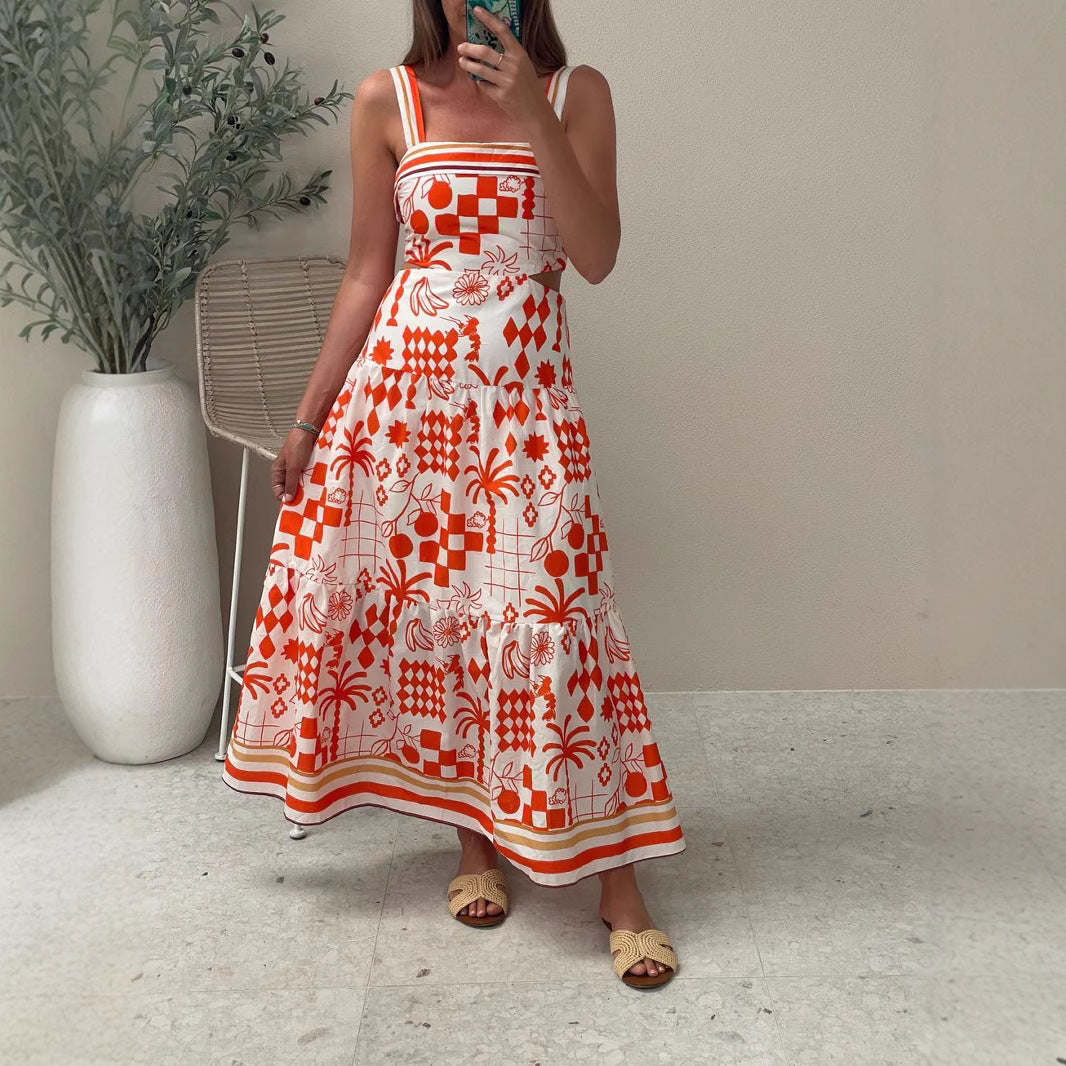 Geometric Print Square Neck Side Cut Out Tiered Maxi Dress