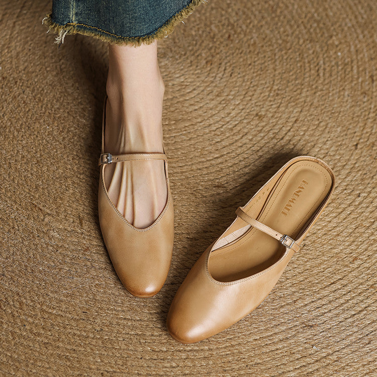 Round Toe Cross Strap Flat Mary Jane Mules