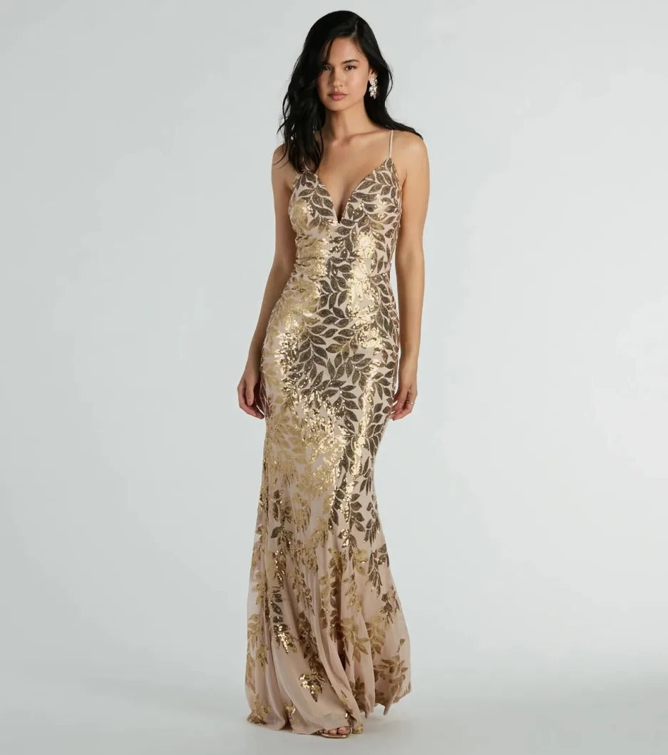 Leaf Sequin V-Neck Spaghetti Strap Mesh Mermaid Maxi Gown 2