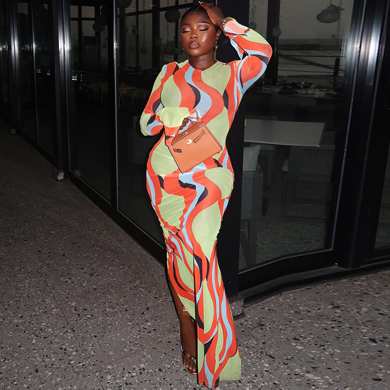 Swirl Print Mesh Crew Neck Long Sleeve High Split Bodycon Maxi Dress