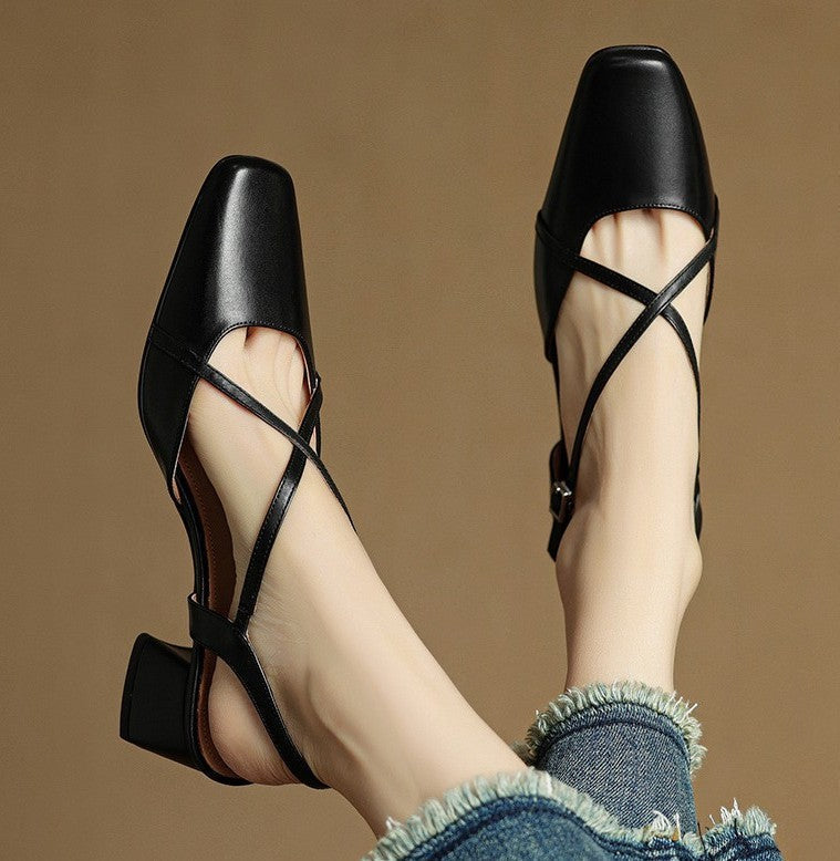 Square Toe Cross Strap Block Heel Slingback Pumps
