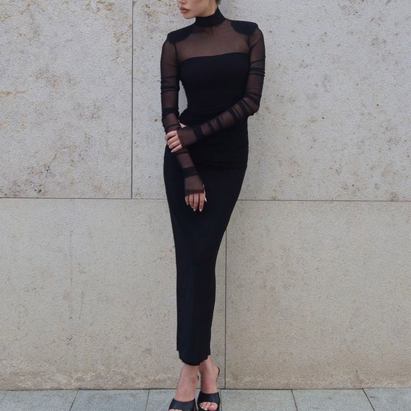 Sheer Mesh Mock Neck Padded Shoulder Ruched Long Sleeve Bodycon Dress 3