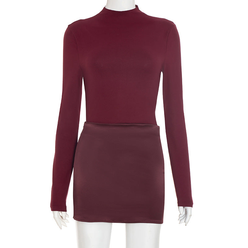 Knit Mock Neck Long Sleeve Satin Skirt Patchwork Bodycon Mini Dress 2