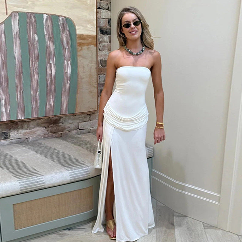 Strapless Ruched Hip High Split Tube Maxi Dress 5