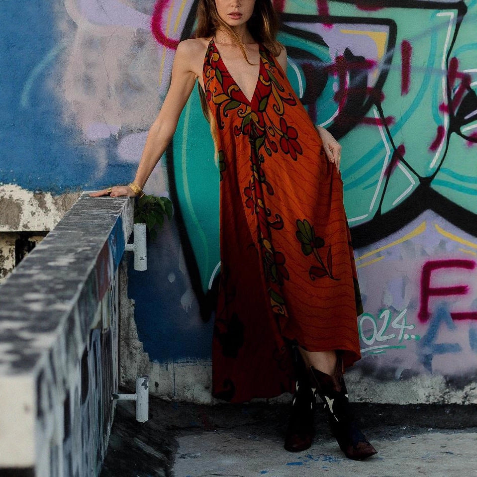 Tie Dye Deep V-Neck Sleeveless Backless Asymmetric Hem Midi Dress 2