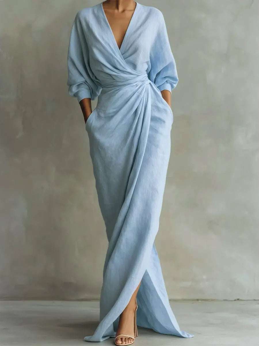 Deep V-Neck Long Sleeve Wrap Ruched High Split Maxi Dress 11