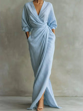 Deep V-Neck Long Sleeve Wrap Ruched High Split Maxi Dress 11