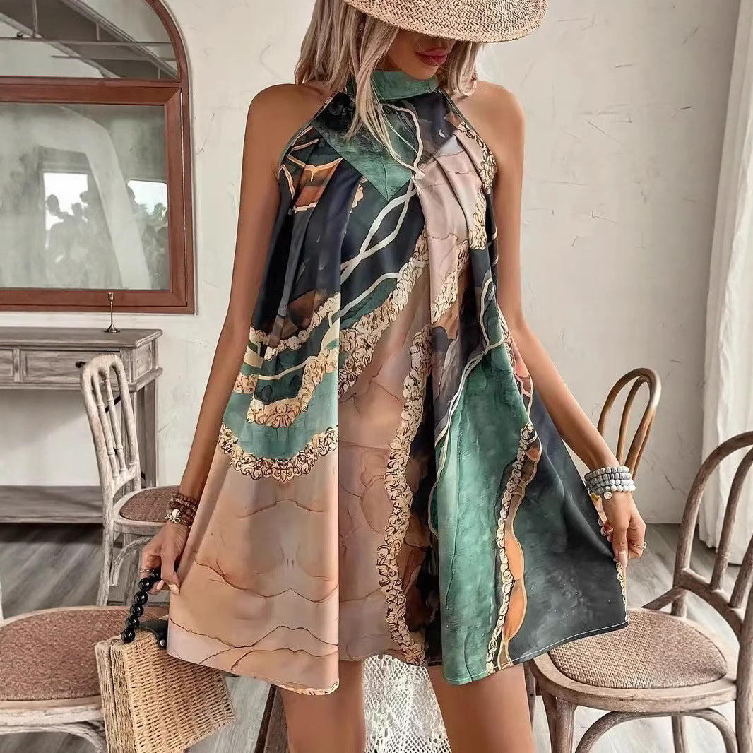 Abstract Print Satin Halter Neck Sleeveless Swing Mini Dress 5