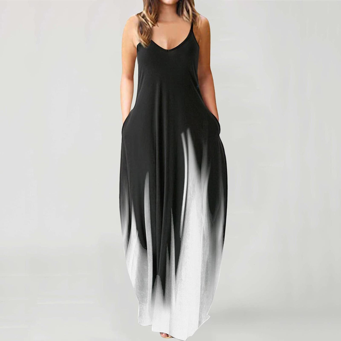 V-Neck Spaghetti Strap Ombre Pocket Loose Maxi Dress 8