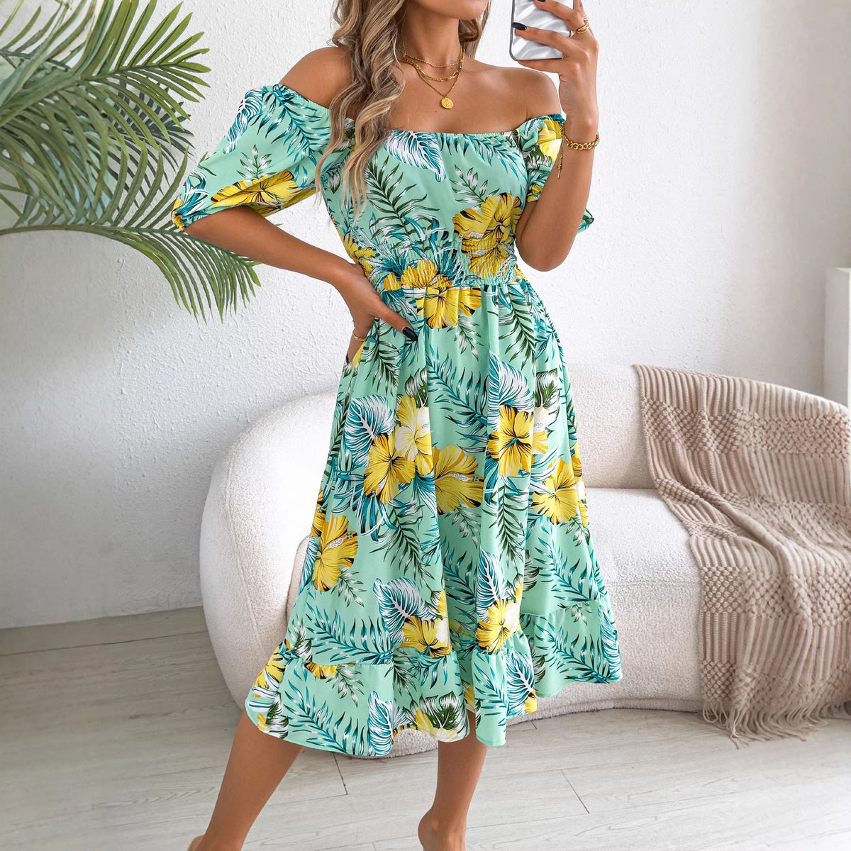 Spring Summer Floral off the Shoulder Short Sleeve Ruffled A line Dress Holiday Beach Dress Women Clothing