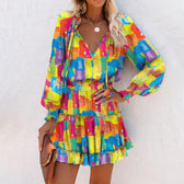 Floral V-Neck Long Sleeve Tiered Ruffle Mini Dress 8