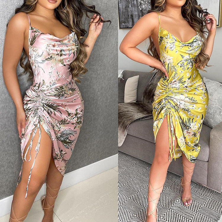 Women Clothing Halter High Printed Sexy Irregular Asymmetric Dress