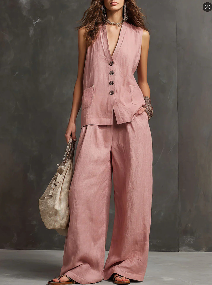 V-Neck Sleeveless Button Vest and Wide Leg Pants Two Piece Set