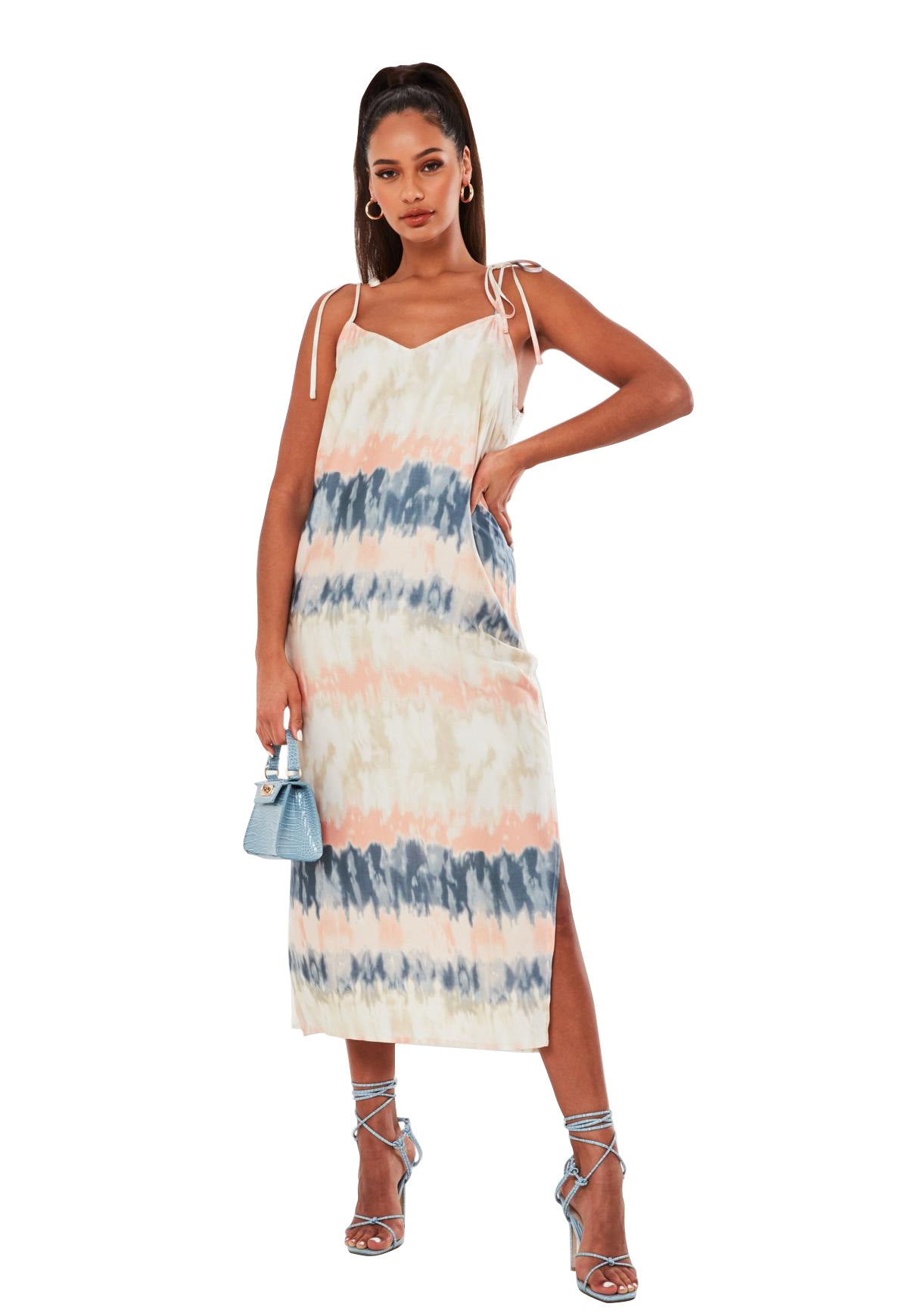 Tie Dye Striped Tie Shoulder Cami Side Split Midi Dress 4