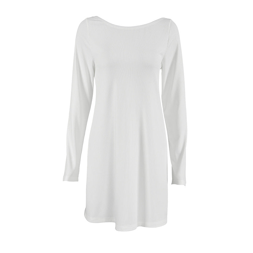 Knitted Sunken Stripe Long Sleeved Backless Nightdress Simple Comfortable Casual Homewear