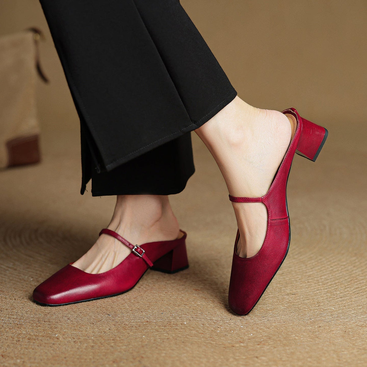 Square Toe Mary Jane Buckle Strap Block Heel Mules