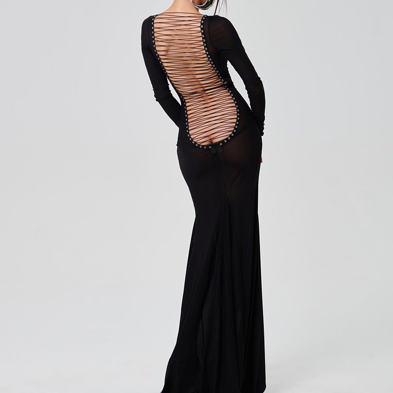 Autumn Mesh Backless Lace up Long Sleeve Super Maxi Dress - View 3