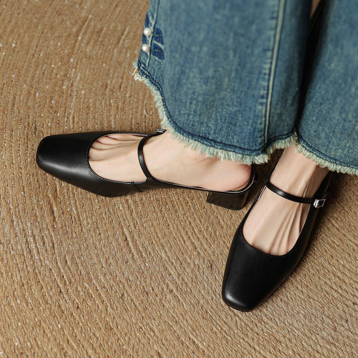 Square Toe Mary Jane Buckle Strap Block Heel Mules