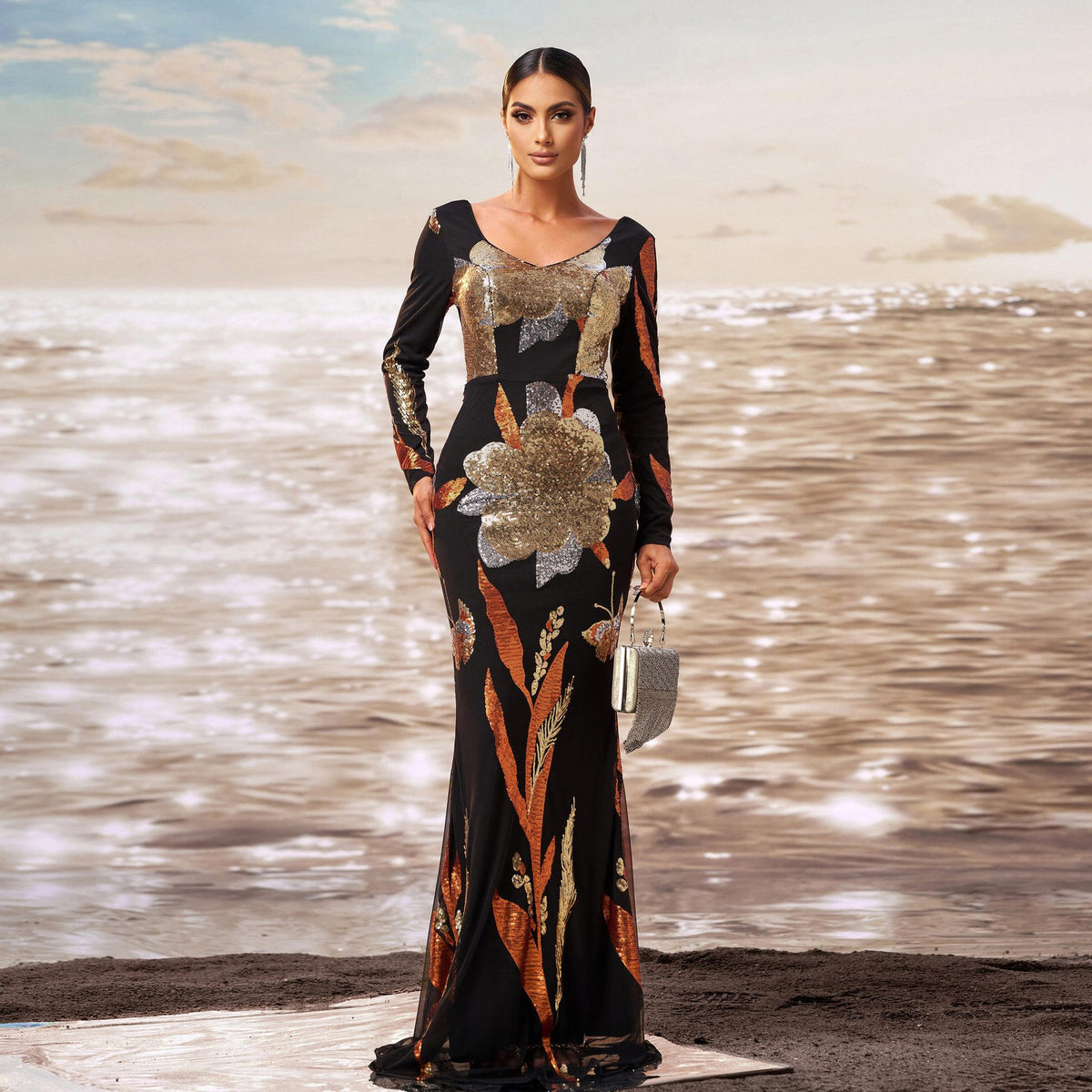 Floral Sequin Applique V-Neck Long Sleeve Mermaid Evening Gown