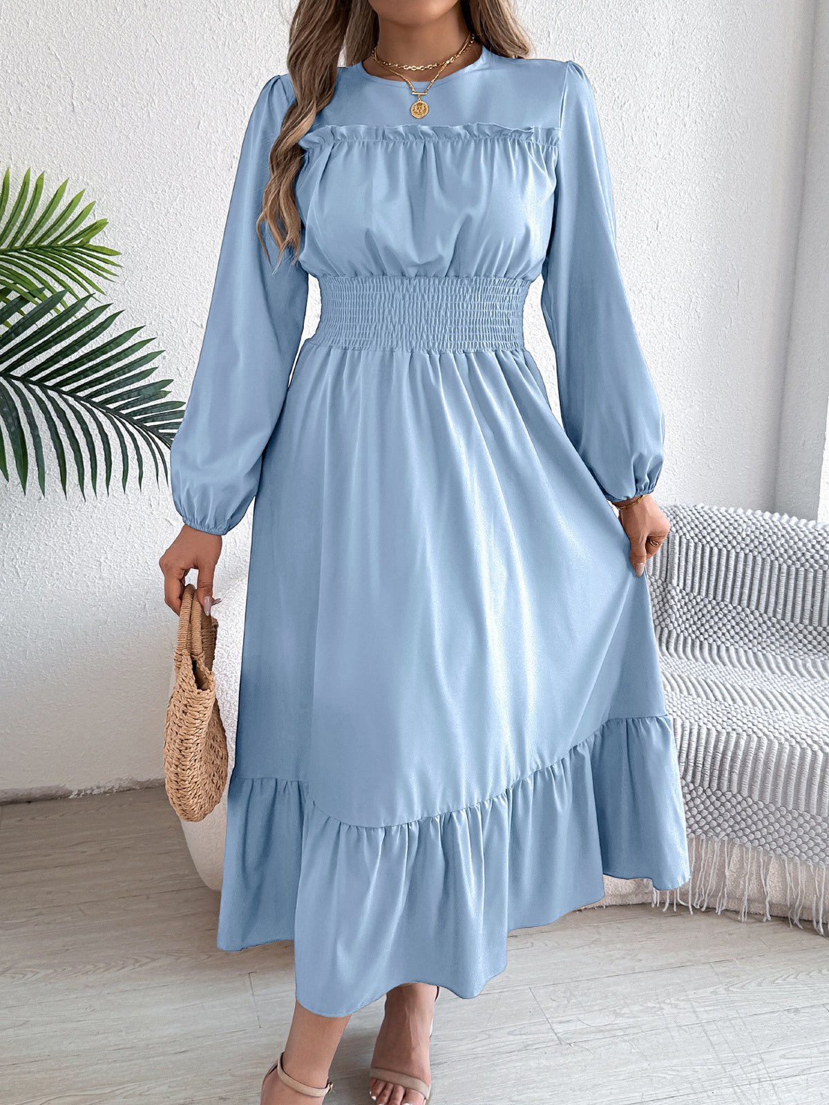 Crew Neck Long Sleeve Ruffle Yoke Smocked Waist Tiered Hem Maxi Dress 6