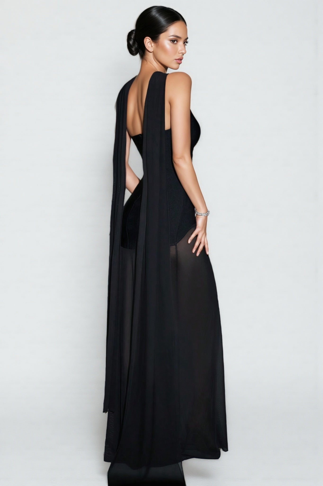Urselk Black Mesh Bandage Maxi Dress - View 3