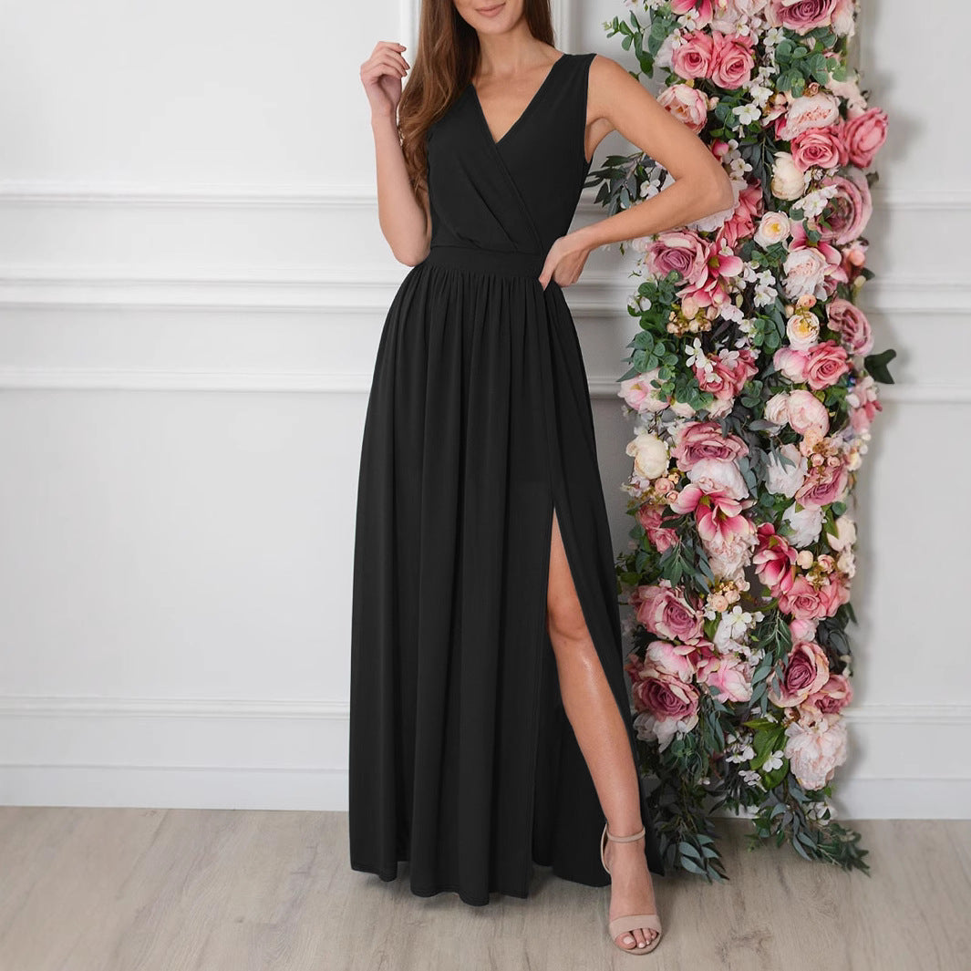 Surplice V-Neck Sleeveless Pleated High Split Maxi Dress 2