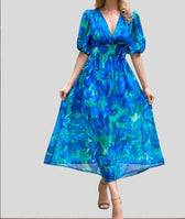 Abstract Print V-Neck Puff Sleeve Smocked Waist Midi Dress 6