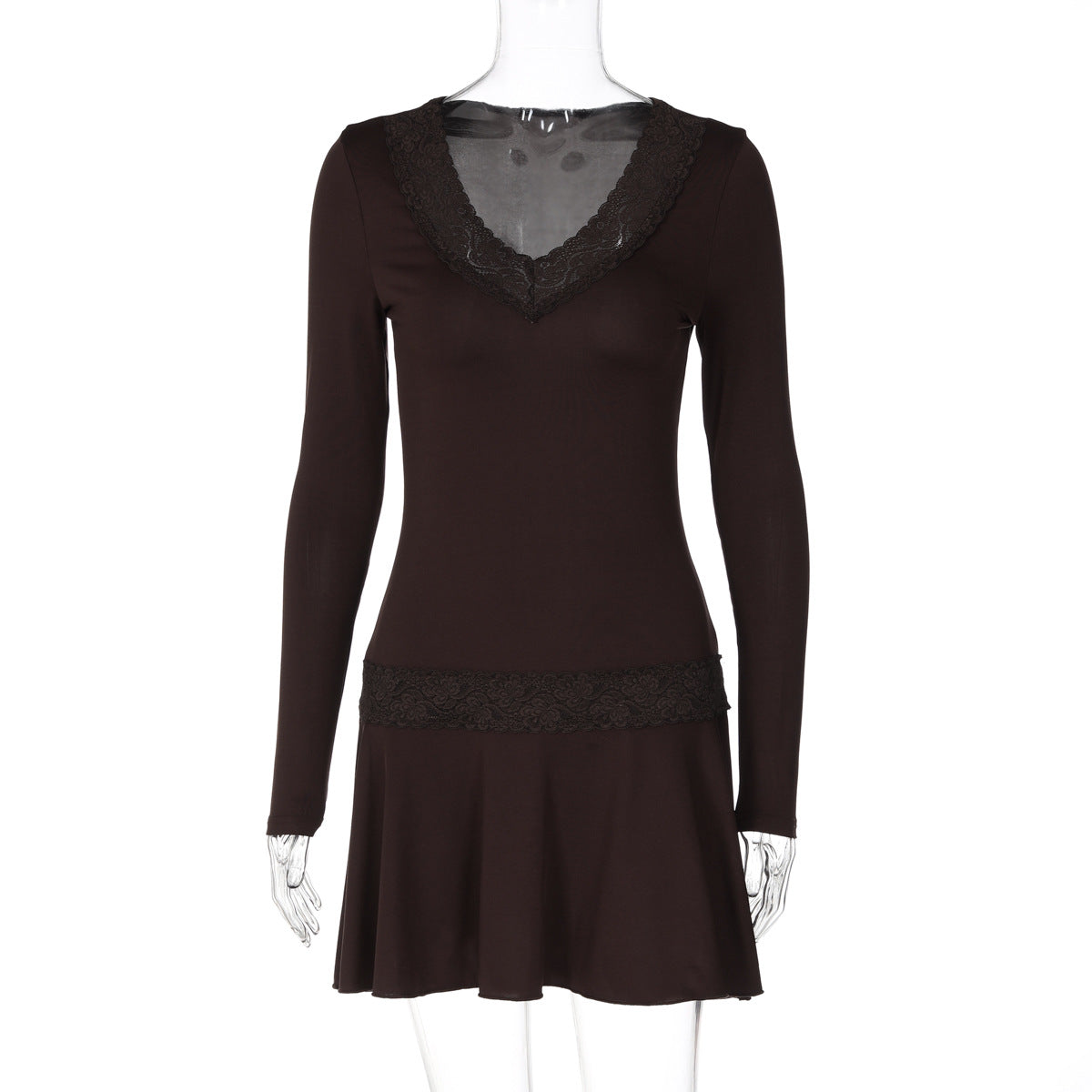 Lace Trim V-Neck Long Sleeve Drop Waist Flared Mini Dress 2