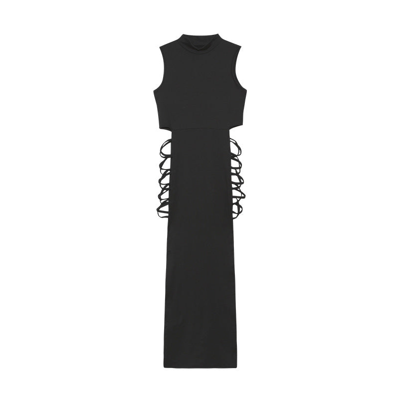 Mock Neck Sleeveless Lace Up Side Cut Out High Split Maxi Dress 6