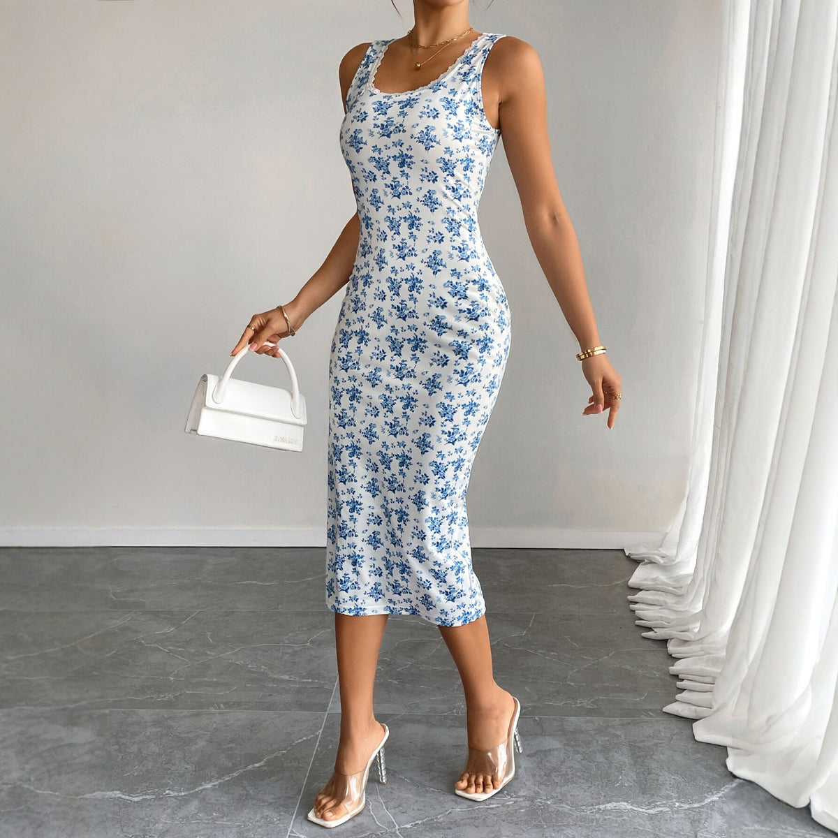 Floral Print Lace Trim Scoop Neck Sleeveless Bodycon Midi Dress 4