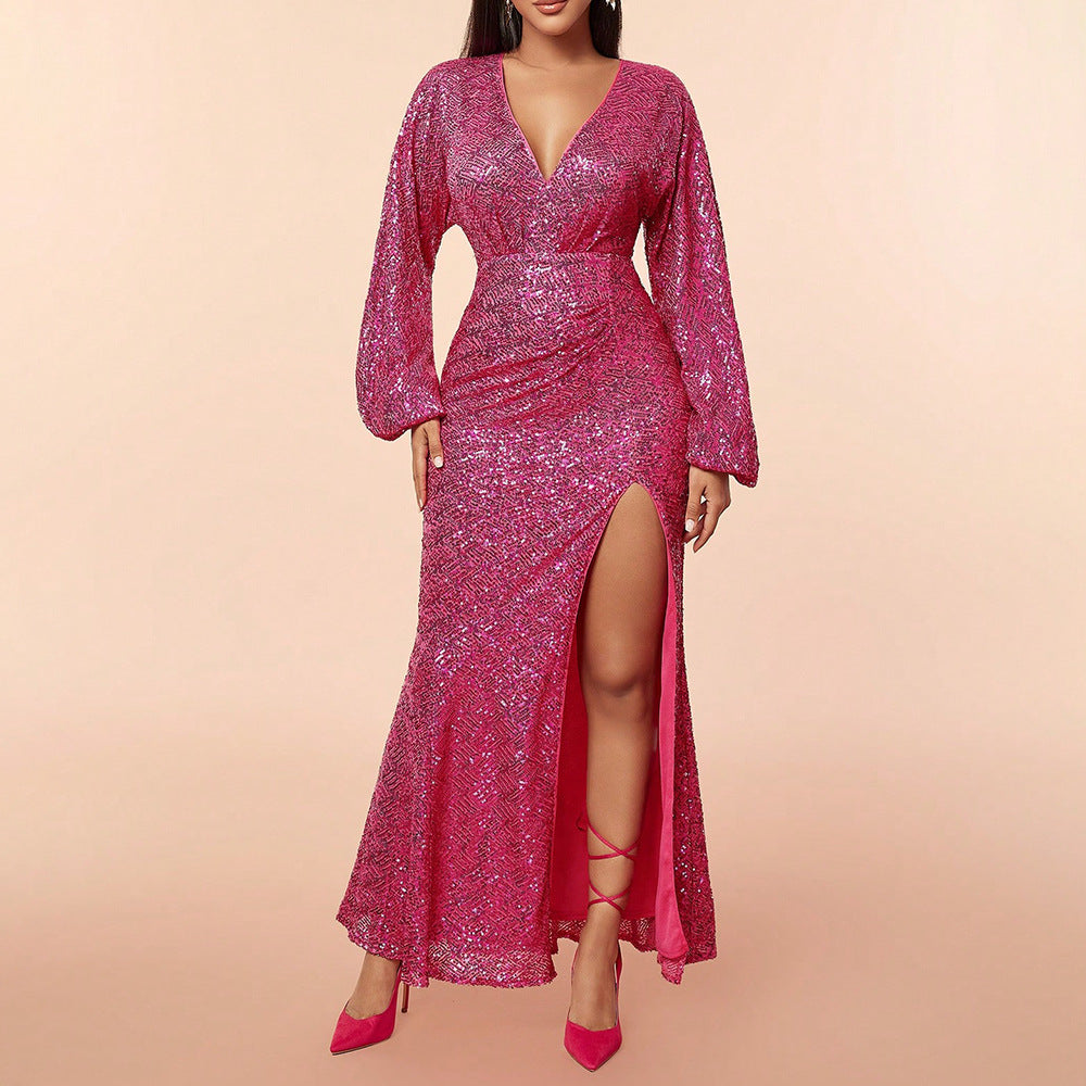 Spring Women Clothing Graceful Dress Sequ Deep V Plunge Split Long Sleeve Maxi Dress