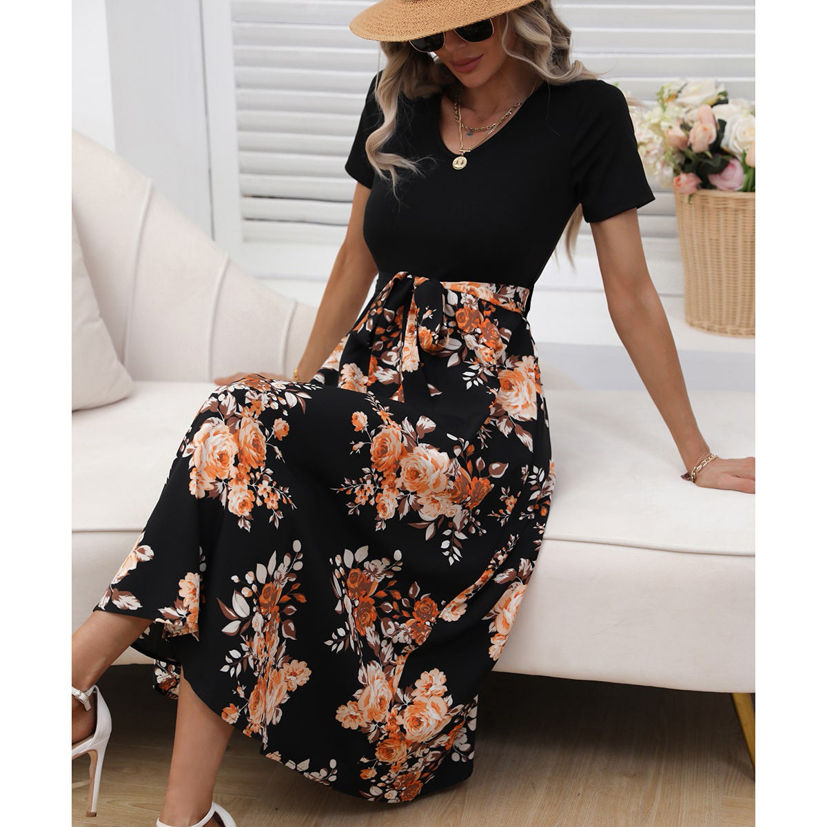 Ribbed Knit V-Neck Short Sleeve Floral Print Tie Waist Midi Dress 2