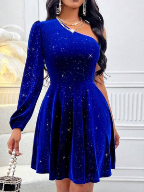 Glitter Velvet One Shoulder Long Sleeve Fit and Flare Mini Dress