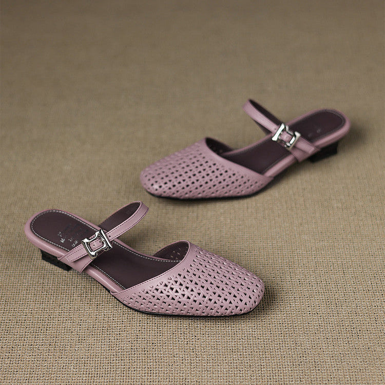 Square Toe Cut Out Buckle Block Heel Mules