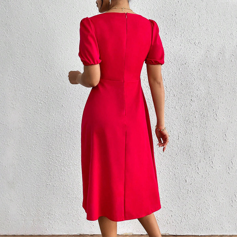 Sweetheart Neck Puff Short Sleeve Ruched Bust Side Slit Midi Dress 2