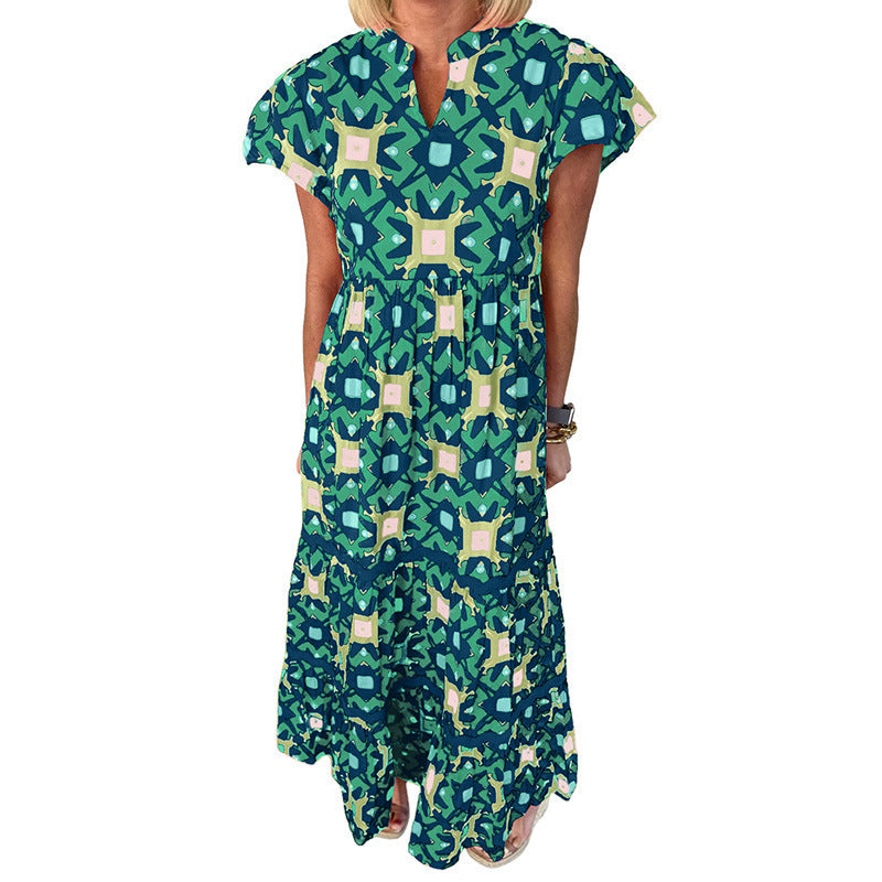 V-Neck Short Sleeve Geometric Print Tiered Maxi Dress 7